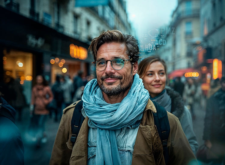 Hombre con lentes Rodenstock B.I.G. EXACT junto a una mujer en una ciudad