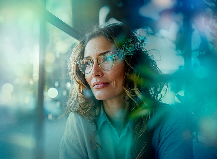 Una mujer lleva gafas con lentes Rodenstock B.I.G. NORM y mira a lo lejos