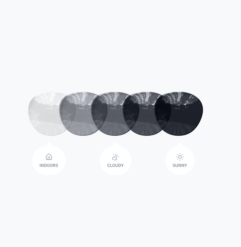 Lentes ColorMatic® en color gris ahumado en diferentes niveles de oscurecimiento 